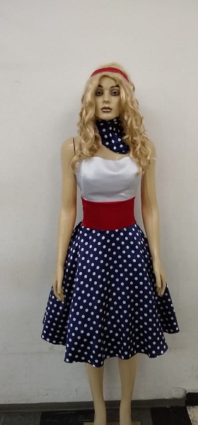 50s Vestido pinup vermelho/branco/azul bola 
